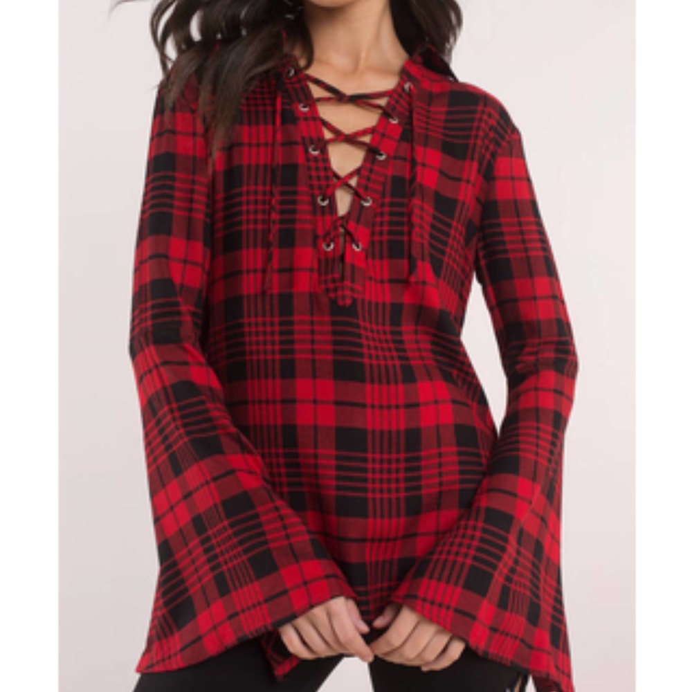 Tobi Buffalo Plaid Top Bell Sleeves